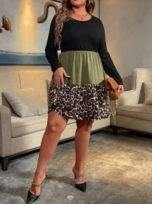 SHEIN LUNE 大碼豹紋印花撞色連衣裙 - 軍綠色 - 查看 6