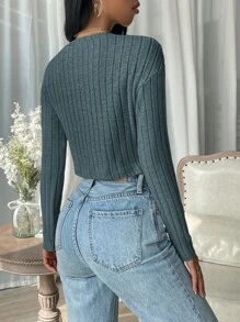 SHEIN EZwear Solid Rib-Knit Crop Tee - Blue - View 2