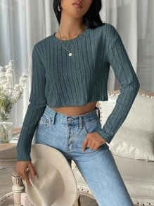 SHEIN EZwear Solid Rib-Knit Crop Tee - Blue - View 4