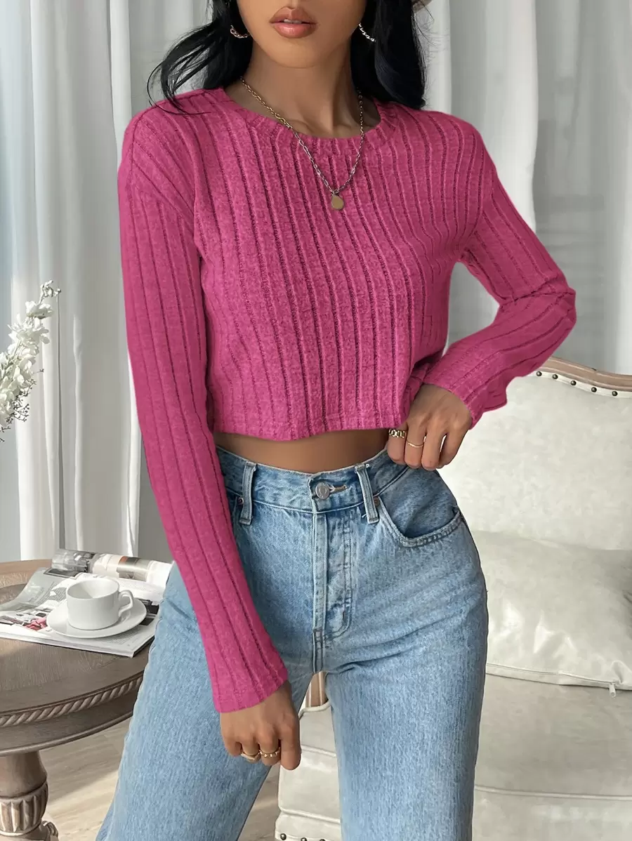 SHEIN EZwear Solid Rib-Knit Crop Tee - Hot Pink - View 1