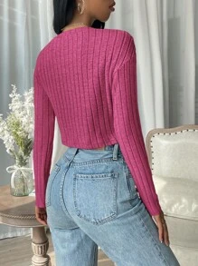 SHEIN EZwear Solid Rib-Knit Crop Tee - Hot Pink - View 2