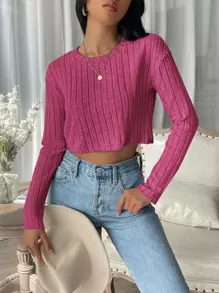 SHEIN EZwear Solid Rib-Knit Crop Tee - Hot Pink - View 4
