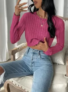 SHEIN EZwear Solid Rib-Knit Crop Tee - Hot Pink - View 5