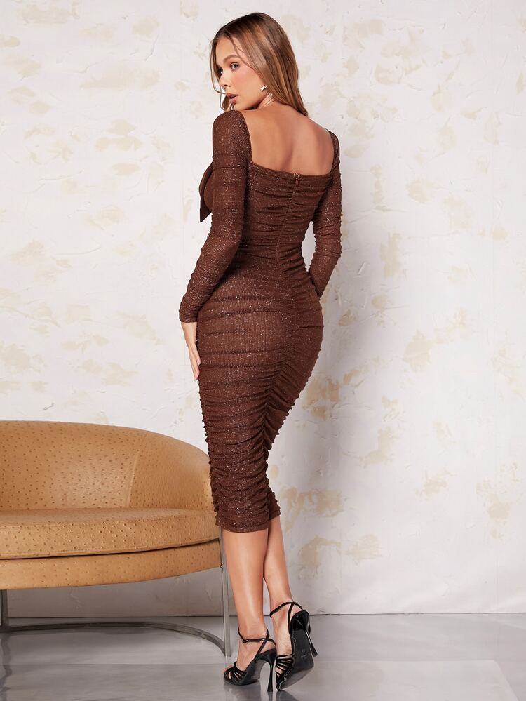Vestido ajustado con lazo delantero fruncido de malla - Marrón Chocolate - Añade 2