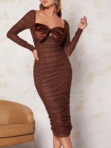 Bow Front Ruched Mesh Bodycon Dress - Chocolate Brown - View 4