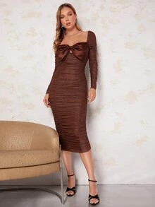 Bow Front Ruched Mesh Bodycon Dress - Chocolate Brown - View 5