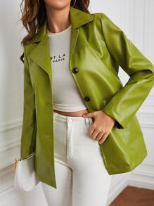 Single Breasted PU Blazer - Lime Green - View 1