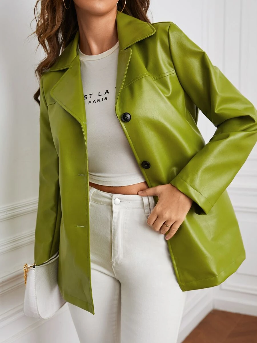 Single Breasted PU Blazer - Lime Green - View 1
