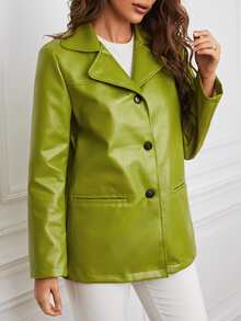 Single Breasted PU Blazer - Lime Green - View 3
