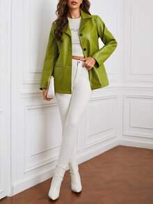 Single Breasted PU Blazer - Lime Green - View 4