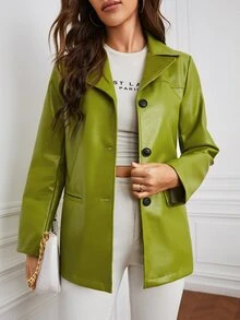Single Breasted PU Blazer - Lime Green - View 5