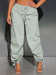 SHEIN PETITE Flap Pocket Drawstring Waist Cargo Trousers - Mint Green - View 1