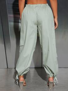 SHEIN PETITE Flap Pocket Drawstring Waist Cargo Trousers - Mint Green - View 2