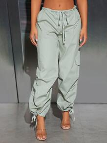 SHEIN PETITE Flap Pocket Drawstring Waist Cargo Trousers - Mint Green - View 3