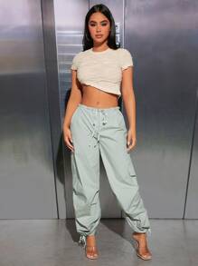 SHEIN PETITE Flap Pocket Drawstring Waist Cargo Trousers - Mint Green - View 5