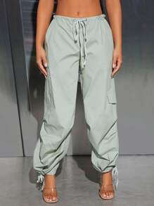 SHEIN PETITE Flap Pocket Drawstring Waist Cargo Trousers - Mint Green - View 6