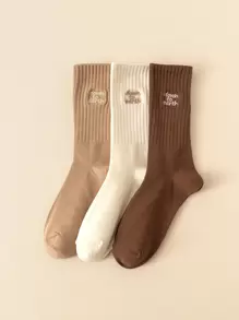 3雙標語繡花中筒襪 - 彩色 - 查看 1