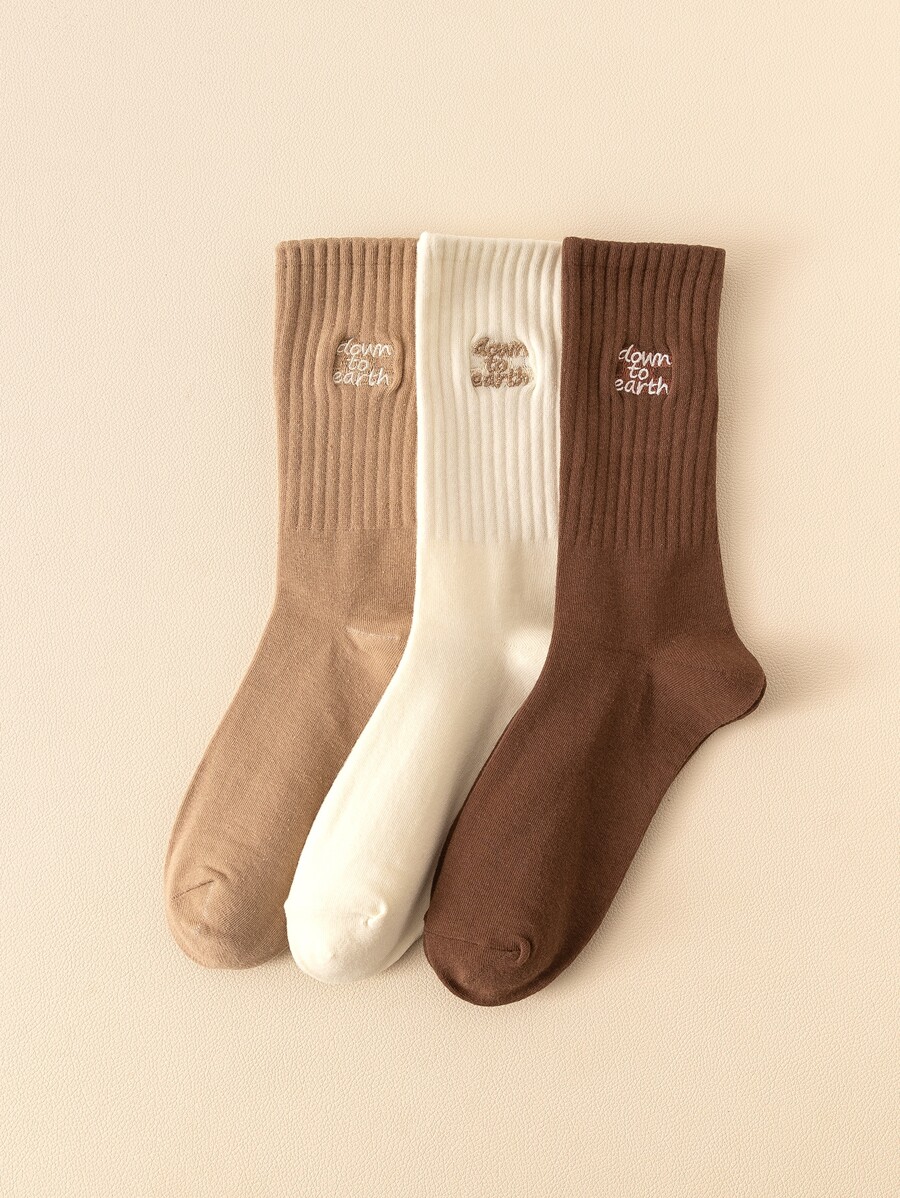 3雙標語繡花中筒襪 - 彩色 - 查看 1