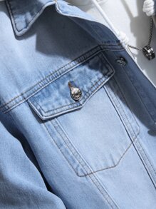 Manfinity Homme 男式棉質蓋袋牛仔外套,無帽設計 - 淺色水洗藍 - 查看 4