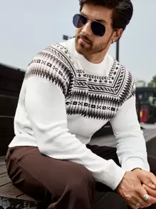 Manfinity Homme 男士幾何圖案插肩袖套頭毛衣 - 白色 - 查看 1
