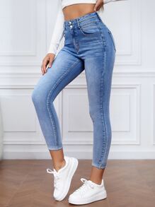 SHEIN Essnce Roll Hem Skinny Jeans - Light Wash - View 1