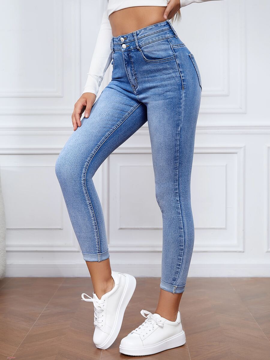 SHEIN Essnce Roll Hem Skinny Jeans - Light Wash - View 1