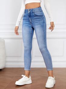 SHEIN Essnce Roll Hem Skinny Jeans - Light Wash - View 3
