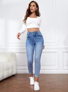 SHEIN Essnce Roll Hem Skinny Jeans - Light Wash - View 4