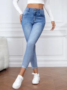 SHEIN Essnce Roll Hem Skinny Jeans - Light Wash - View 5