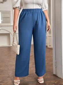 SHEIN LUNE Quần Plus Size màu trơn Giải trí - Màu xanh lam - Xem 1