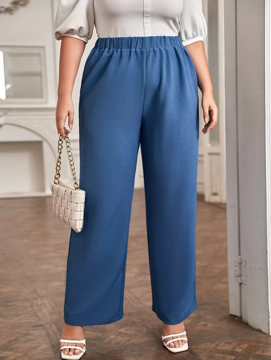 SHEIN LUNE Quần Plus Size màu trơn Giải trí - Màu xanh lam - Xem 1