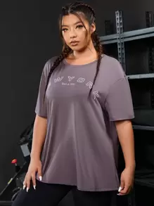 Plus Slogan Graphic Drop Shoulder Sports Tee - Mauve Purple - View 1