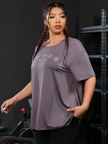 Plus Slogan Graphic Drop Shoulder Sports Tee - Mauve Purple - View 3
