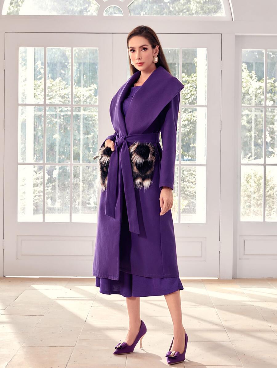 Modelyn Waterfall Collar Fuzzy Pocket Patched Belted Overcoat - Violet Purple - View 1