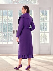 Modelyn Waterfall Collar Fuzzy Pocket Patched Belted Overcoat - Violet Purple - View 2