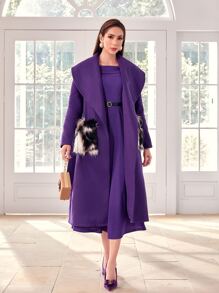 Modelyn Waterfall Collar Fuzzy Pocket Patched Belted Overcoat - Violet Purple - View 4