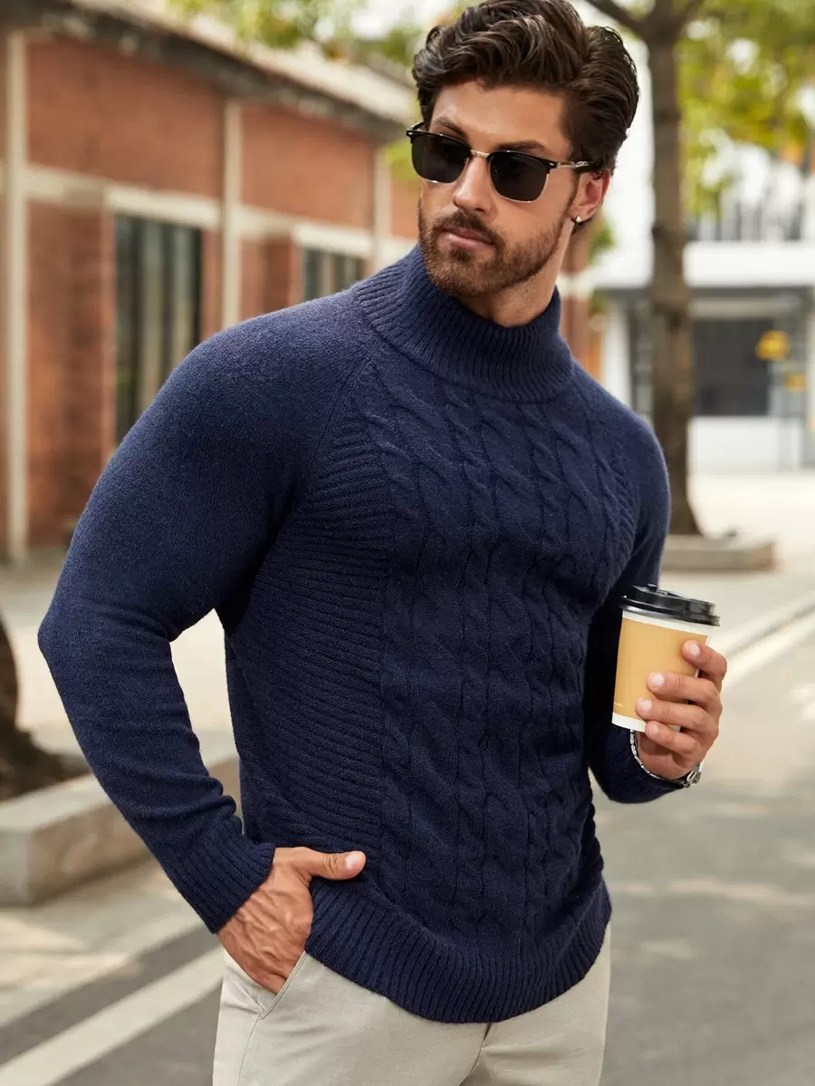 Manfinity Men Turtleneck Cable Knit Jumper - Navy Blue - View 1