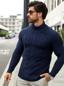 Manfinity Men Turtleneck Cable Knit Jumper - Navy Blue - View 3