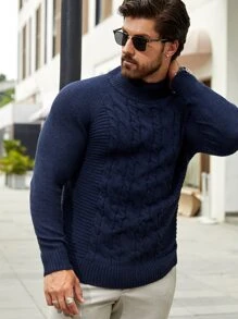 Manfinity Men Turtleneck Cable Knit Jumper - Navy Blue - View 4