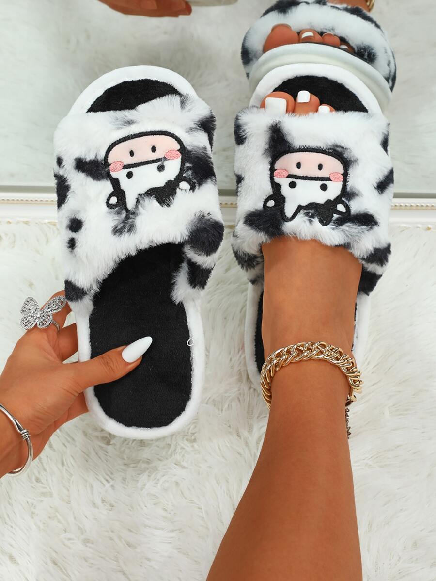 Cartoon Cow Embroidered Fuzzy Bedroom Slippers
