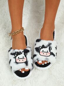 Cartoon Cow Embroidered Fuzzy Bedroom Slippers