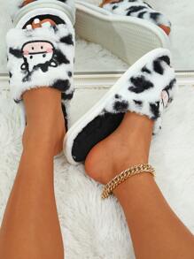 Cartoon Cow Embroidered Fuzzy Bedroom Slippers