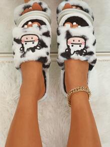 Cartoon Cow Embroidered Fuzzy Bedroom Slippers