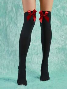 ROMWE J-Fashion 蝴蝶結裝飾過膝襪 - 黑色 - 查看 1
