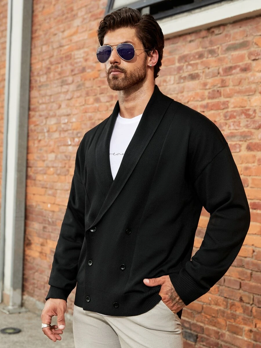 Manfinity Men Shawl Collar Double Breasted Cardigan - Black - View 1