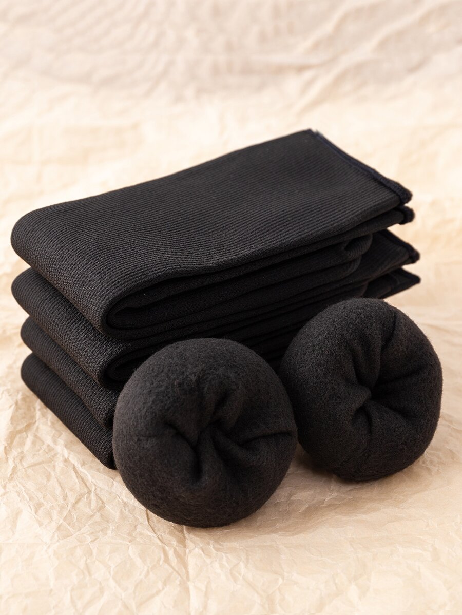 5pairs Solid Plush Lined Warm Crew Socks - Black - View 1