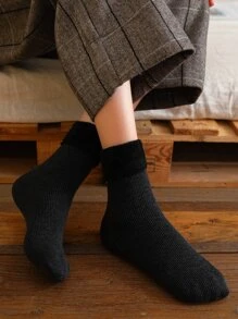 5pairs Solid Plush Lined Warm Crew Socks - Black - View 2
