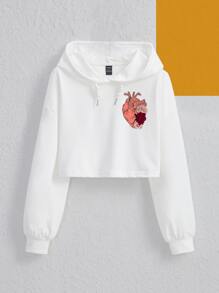 L'Amour Morbide Floral & Heart Graphic Drop Shoulder Drawstring Hoodie - White - View 1