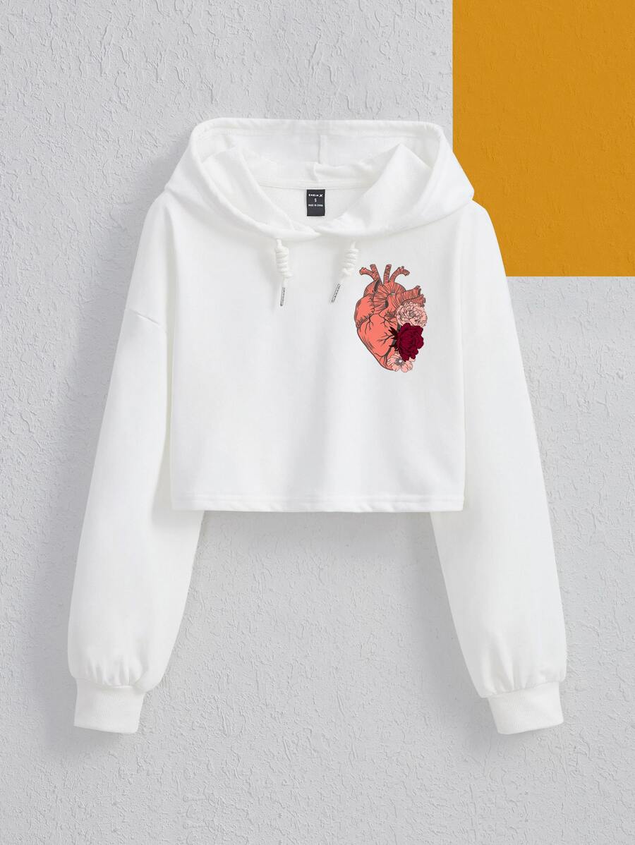 L'Amour Morbide Floral & Heart Graphic Drop Shoulder Drawstring Hoodie - White - View 1