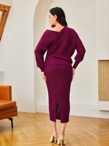 Modelyn Áo len nữ kết hợp Chia Trọn gói Gân đan màu trơn Thanh lịch - Màu tím - Xem 2